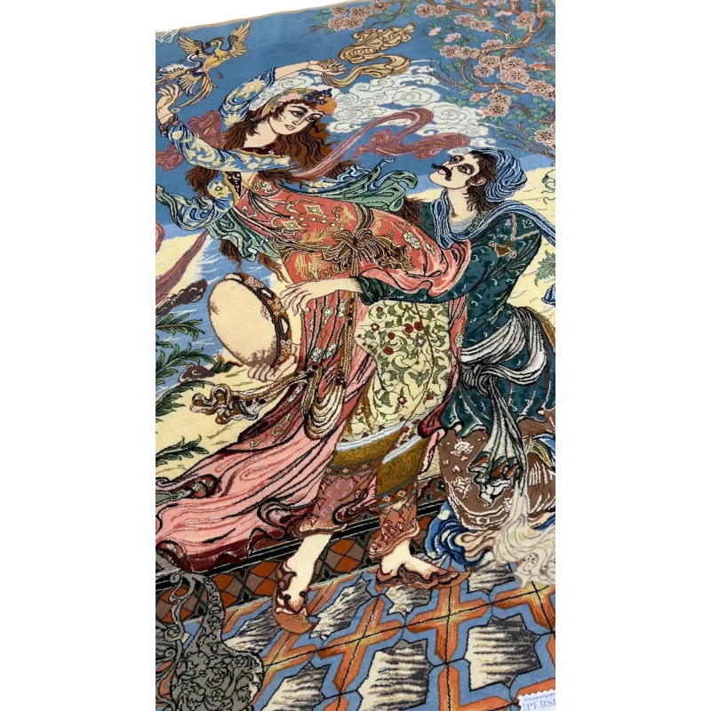"Artistic Isfahan Pictorial Persian rug – 120x80 cm, made from high-quality wool and silk, hand-knotted with intricate designs and 740,000 knots/m², offering a touch of elegance."