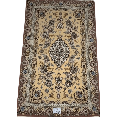 "Hand-knotted Isfahan Persian rug – 140x88 cm, crafted with wool and silk, featuring 810,000 knots per square meter, offering intricate patterns and timeless elegance to any home decor."






