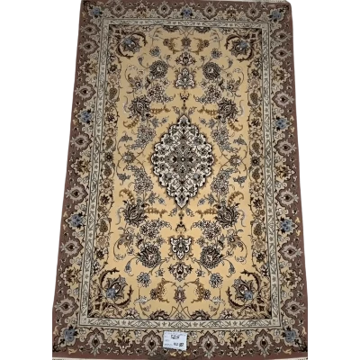 "Hand-knotted Isfahan Persian rug – 140x88 cm, crafted with wool and silk, featuring 810,000 knots per square meter, offering intricate patterns and timeless elegance to any home decor."







