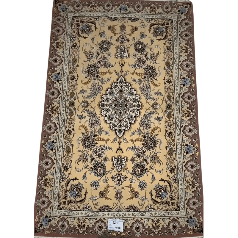 "Hand-knotted Isfahan Persian rug – 140x88 cm, crafted with wool and silk, featuring 810,000 knots per square meter, offering intricate patterns and timeless elegance to any home decor."