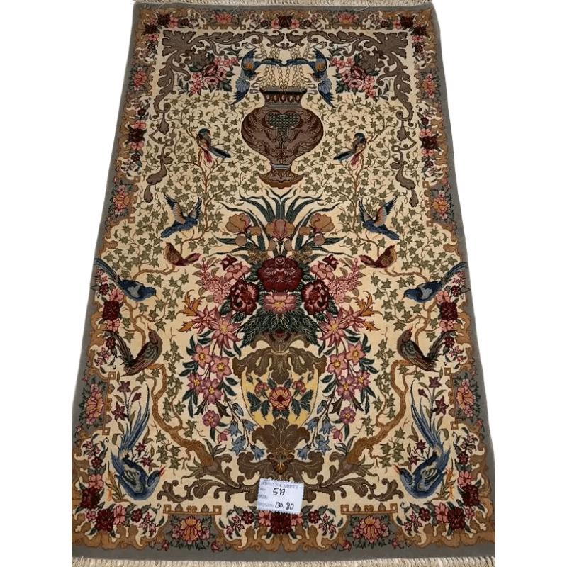Full view of the 130 cm hand-knotted rug showcasing its elegant floral designs