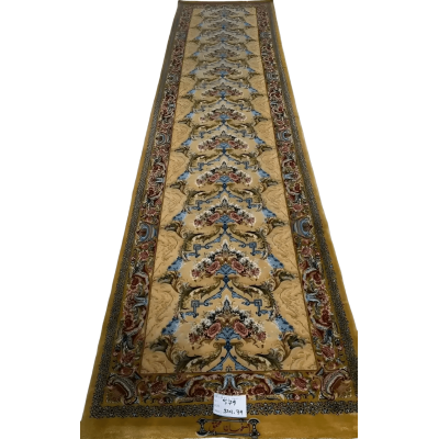 "Luxurious Esfahan Persian runner rug, hand-knotted with wool and silk, featuring intricate craftsmanship. Size: 314 cm x 79 cm."


