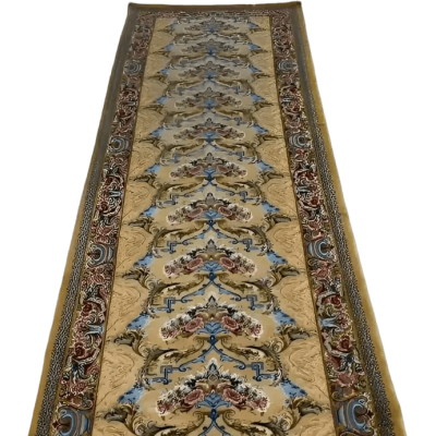 "Hand-crafted Esfahan Persian runner rug from Isfahan, Iran, made with a silk warp and wool-silk pile. Dimensions: 314 cm x 79 cm."