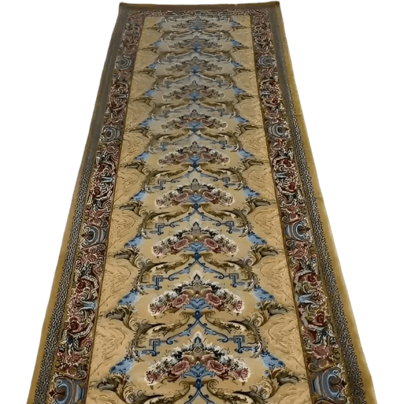 "Hand-crafted Esfahan Persian runner rug from Isfahan, Iran, made with a silk warp and wool-silk pile. Dimensions: 314 cm x 79 cm."