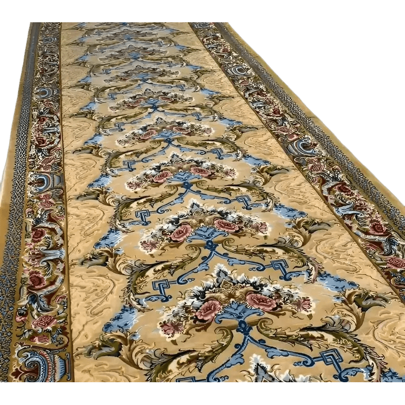 "Elegant Persian runner rug, made from wool and silk, hand-knotted in Esfahan with 640,000 knots per square meter."