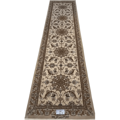 "Hand-knotted Persian runner rug from Isfahan, featuring a luxurious silk and wool blend with expanded floral patterns. Size: 305 cm x 72 cm."


