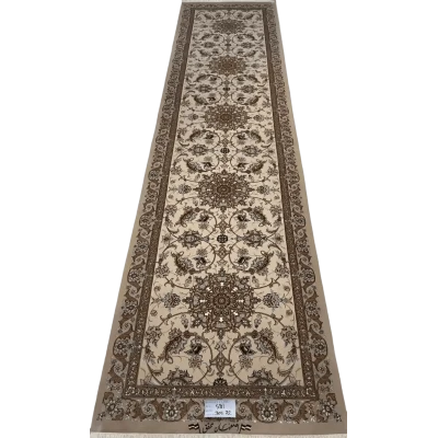"Hand-knotted Persian runner rug from Isfahan, featuring a luxurious silk and wool blend with expanded floral patterns. Size: 305 cm x 72 cm."

