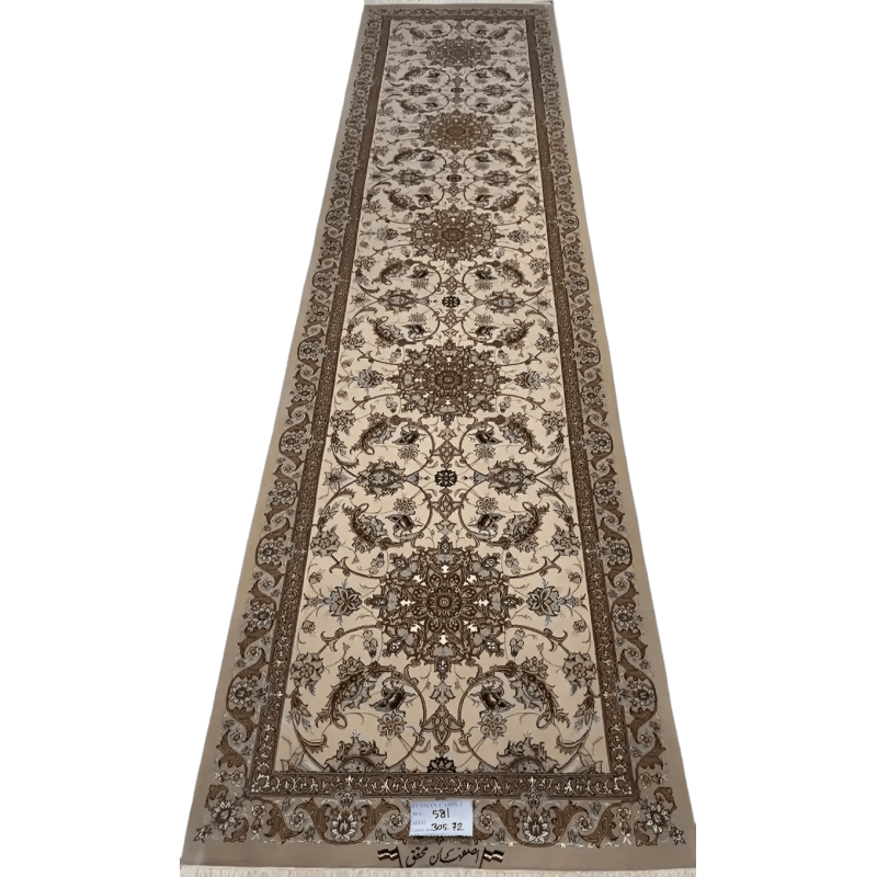 "Hand-knotted Persian runner rug from Isfahan, featuring a luxurious silk and wool blend with expanded floral patterns. Size: 305 cm x 72 cm."