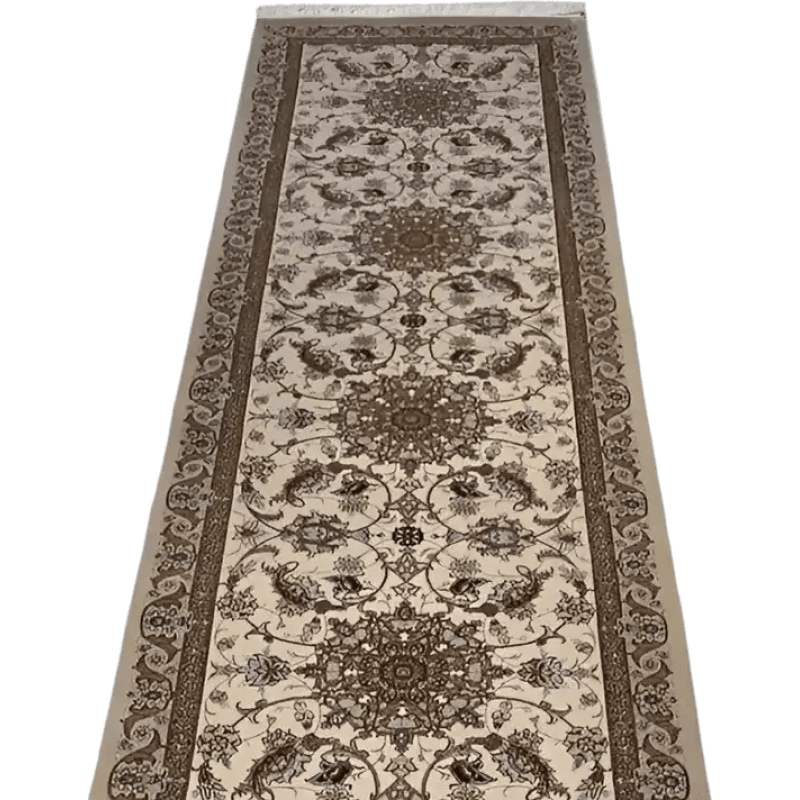 "Elegant Persian runner rug crafted in Isfahan, Iran, using wool and silk, with 640,000 knots per square meter. Dimensions: 305 cm x 72 cm."