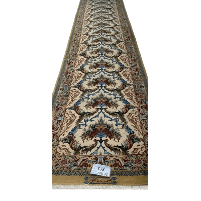 "Hand-knotted Persian Isfahan runner rug by Mohaghegh, 410x72 cm, made with silk warp and wool-silk blend, featuring intricate floral designs."