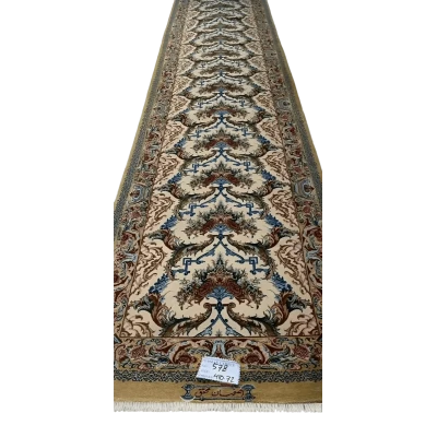 "Hand-knotted Persian Isfahan runner rug by Mohaghegh, 410x72 cm, made with silk warp and wool-silk blend, featuring intricate floral designs."