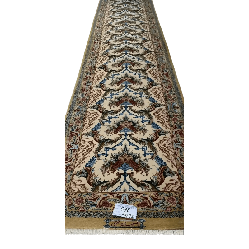"Hand-knotted Persian Isfahan runner rug by Mohaghegh, 410x72 cm, made with silk warp and wool-silk blend, featuring intricate floral designs."