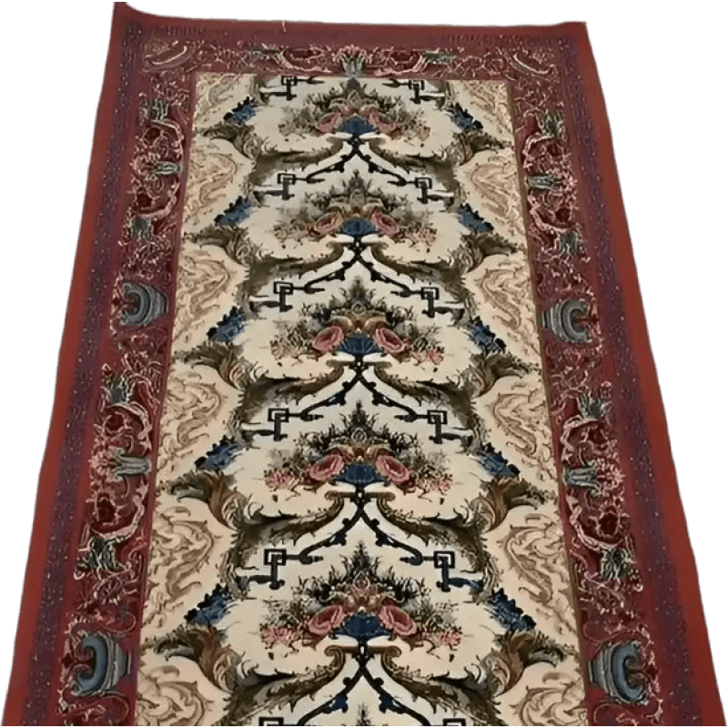 "Elegant Persian-style wool and silk runner rug, hand-crafted in Isfahan, Iran, showcasing classic red patterns and 640,000 knots per square meter."