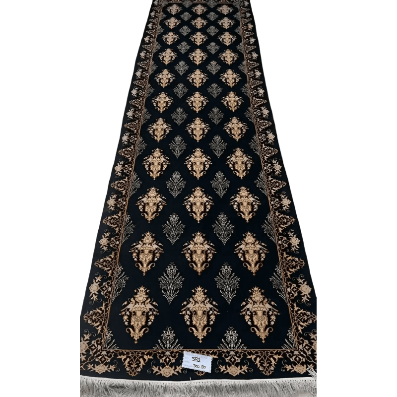 "Hand-knotted black Persian runner rug from Isfahan, featuring a blend of wool and silk, with intricate jewel-toned patterns. Dimensions: 300 cm x 80 cm."