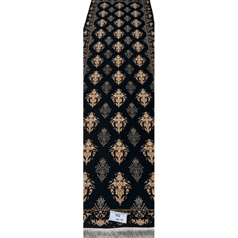 "Sophisticated black Persian runner rug with silk and wool fibers, meticulously hand-knotted in Isfahan, offering rich patterns and colors. Size: 300 cm x 80 cm."