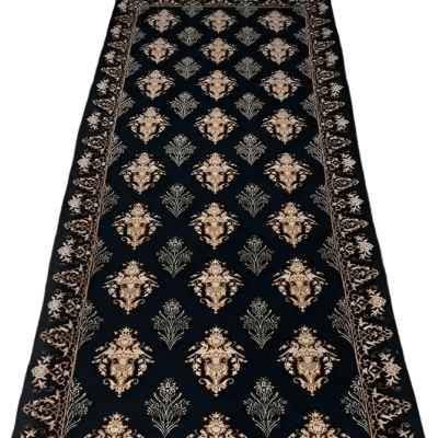 "Luxury Persian black runner rug in wool and silk, hand-crafted in Isfahan, Iran, showcasing timeless elegance with a knot density of 640,000 knots per square meter."