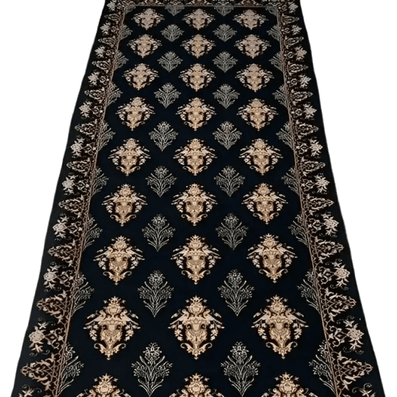 "Luxury Persian black runner rug in wool and silk, hand-crafted in Isfahan, Iran, showcasing timeless elegance with a knot density of 640,000 knots per square meter."
