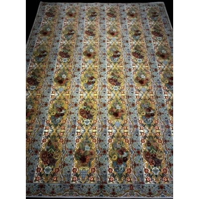 "Master Khajeh Persian rug, 1,000,000 knots/m², hand-knotted in Iran, featuring silk and wool blend."