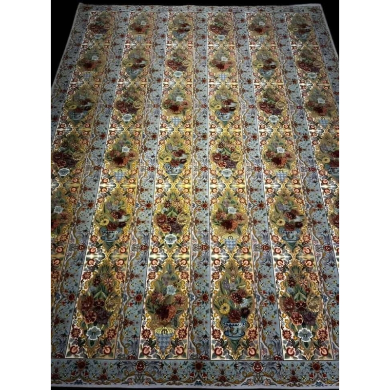 "Master Khajeh Persian rug, 1,000,000 knots/m², hand-knotted in Iran, featuring silk and wool blend."