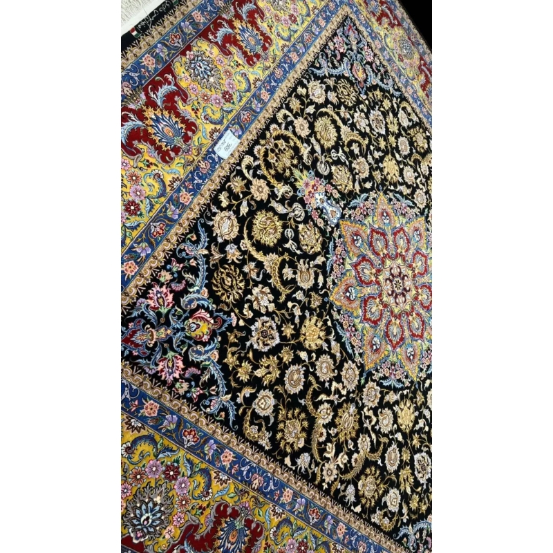 "Elegant Isfahan Persian rug, crafted with wool and silk, measuring 259 cm x 250 cm. Hand-knotted in Iran, this rug offers a high knot density for durability and style."