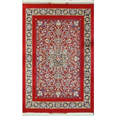 "Hand-knotted red Isfahan Persian rug by Master Bagher Seirafian."
