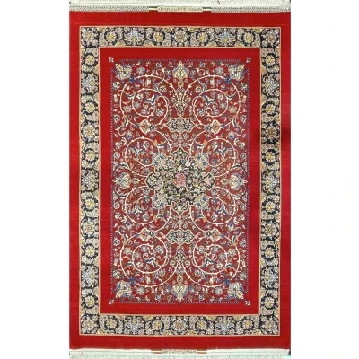 "Hand-knotted red Isfahan Persian rug by Master Bagher Seirafian."
