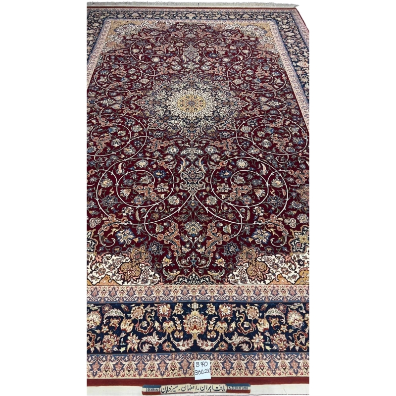 "Hand-knotted Isfahan rug by Grand Master Ali Seirafian with intricate medallion design."