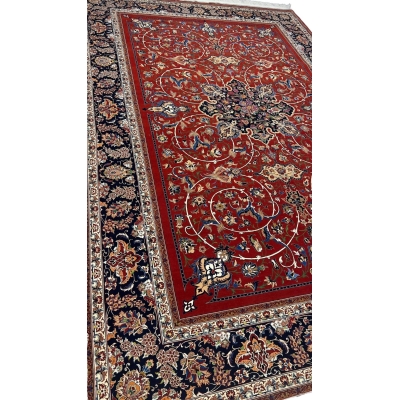 "Detailed Persian carpet with floral motifs and navy border by Bagher Seirafian."