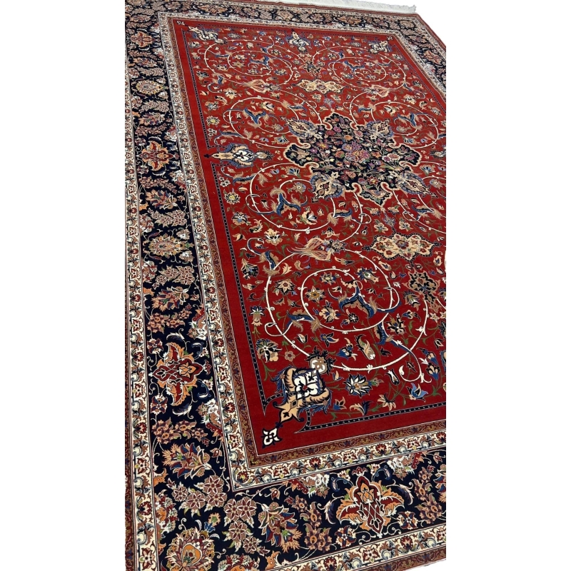 "Detailed Persian carpet with floral motifs and navy border by Bagher Seirafian."