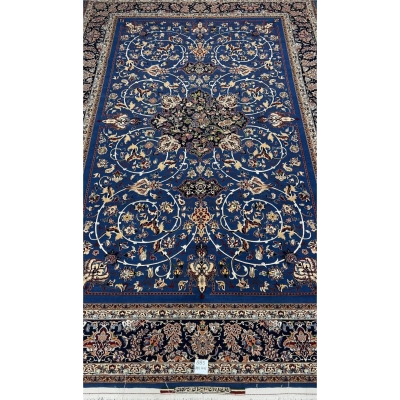 "Hand-knotted blue Persian rug by Master Bagher Seirafian with floral designs."
